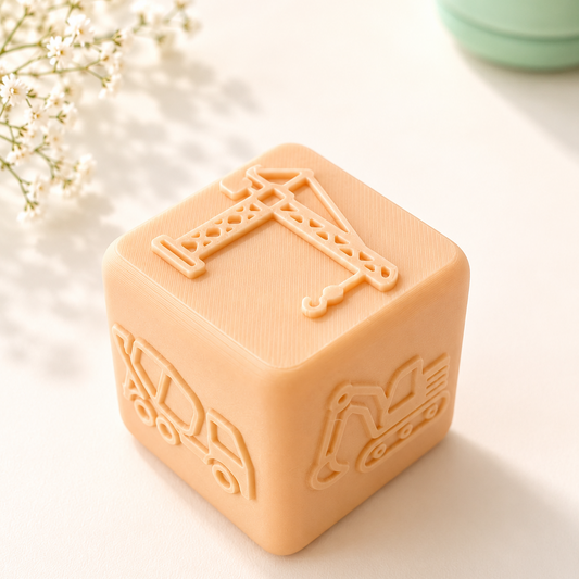 A peach-colored silicone baby teethers or sensory blocks with embossed construction vehicle designs, displayed on a light beige surface with soft shadows and baby's breath flowers.